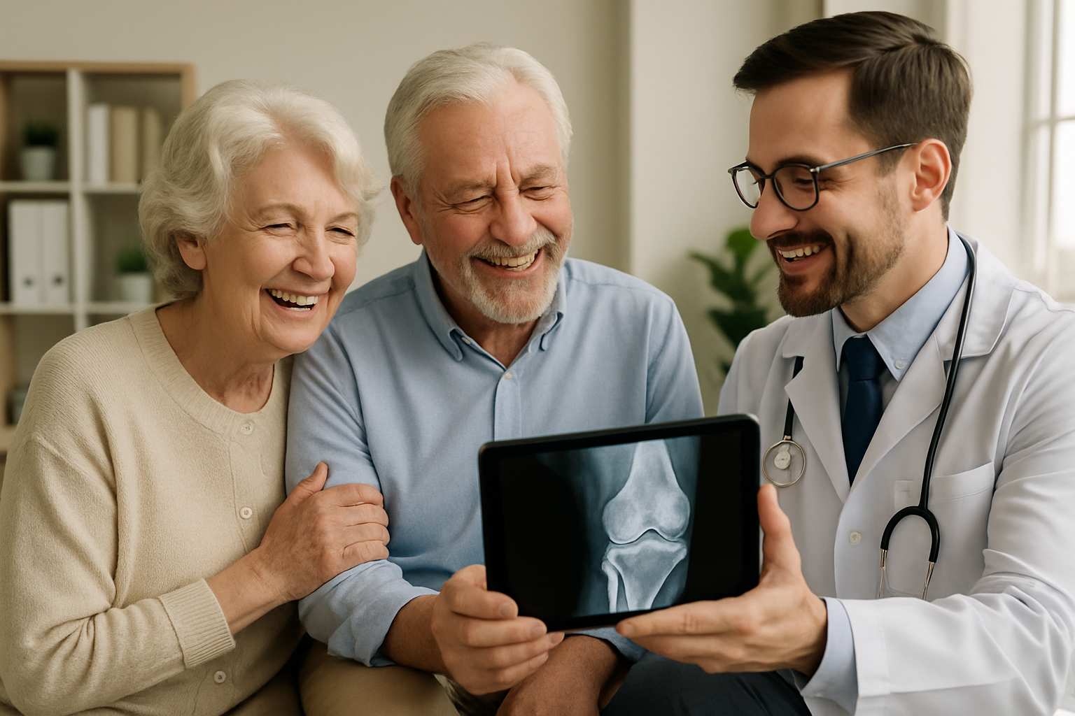 Happy couple reviewing x-ray to get knee pain relief from the arthritis in the knees.