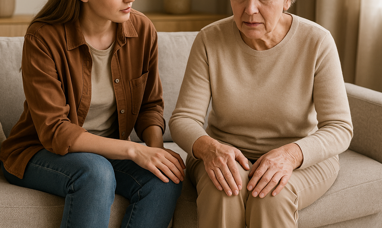 Older woman and daughter talking about arthritis knee pain.