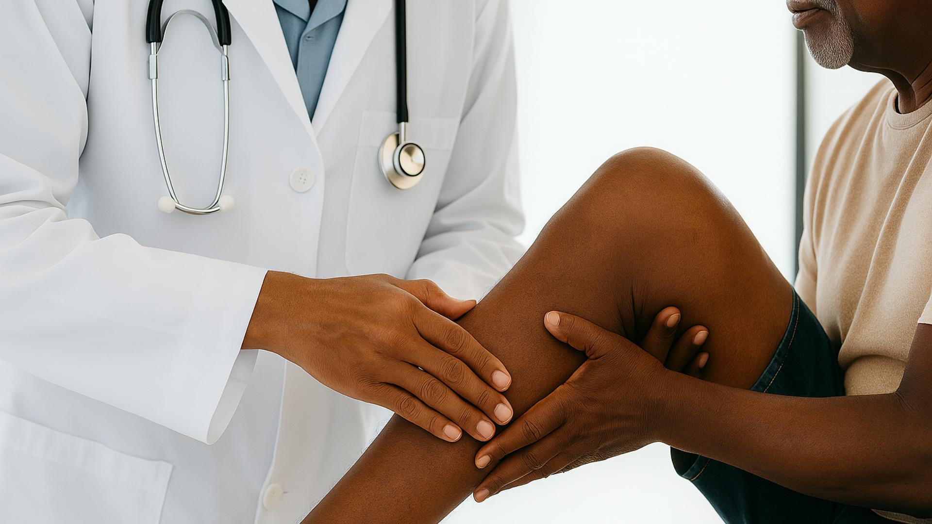 black man gets his knee checked for lymphona by doctor.