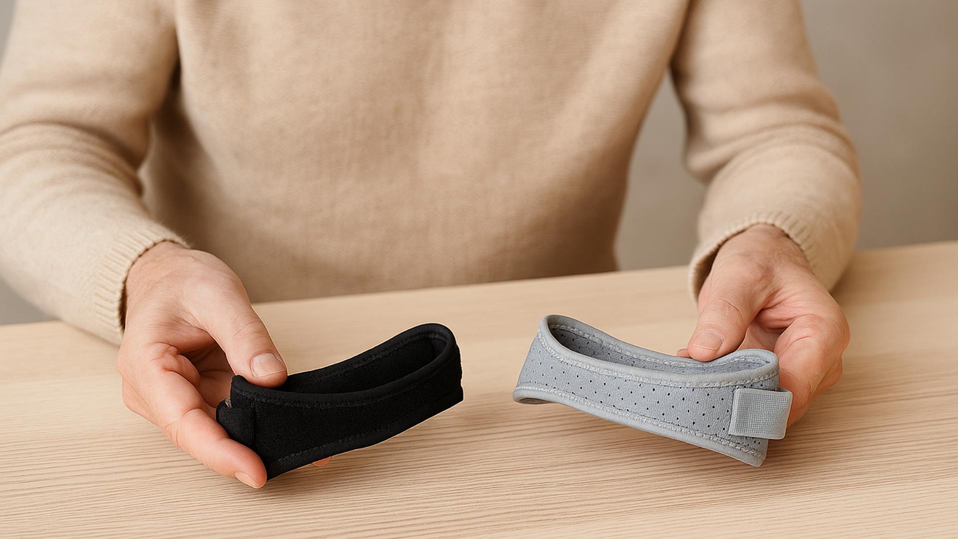 man holds two patellar tendon knee straps to show comparison