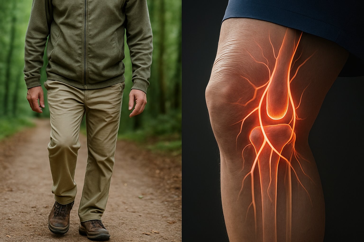 split image of man walking in forest (left) and knee anatomy outline over a man's knee (right)