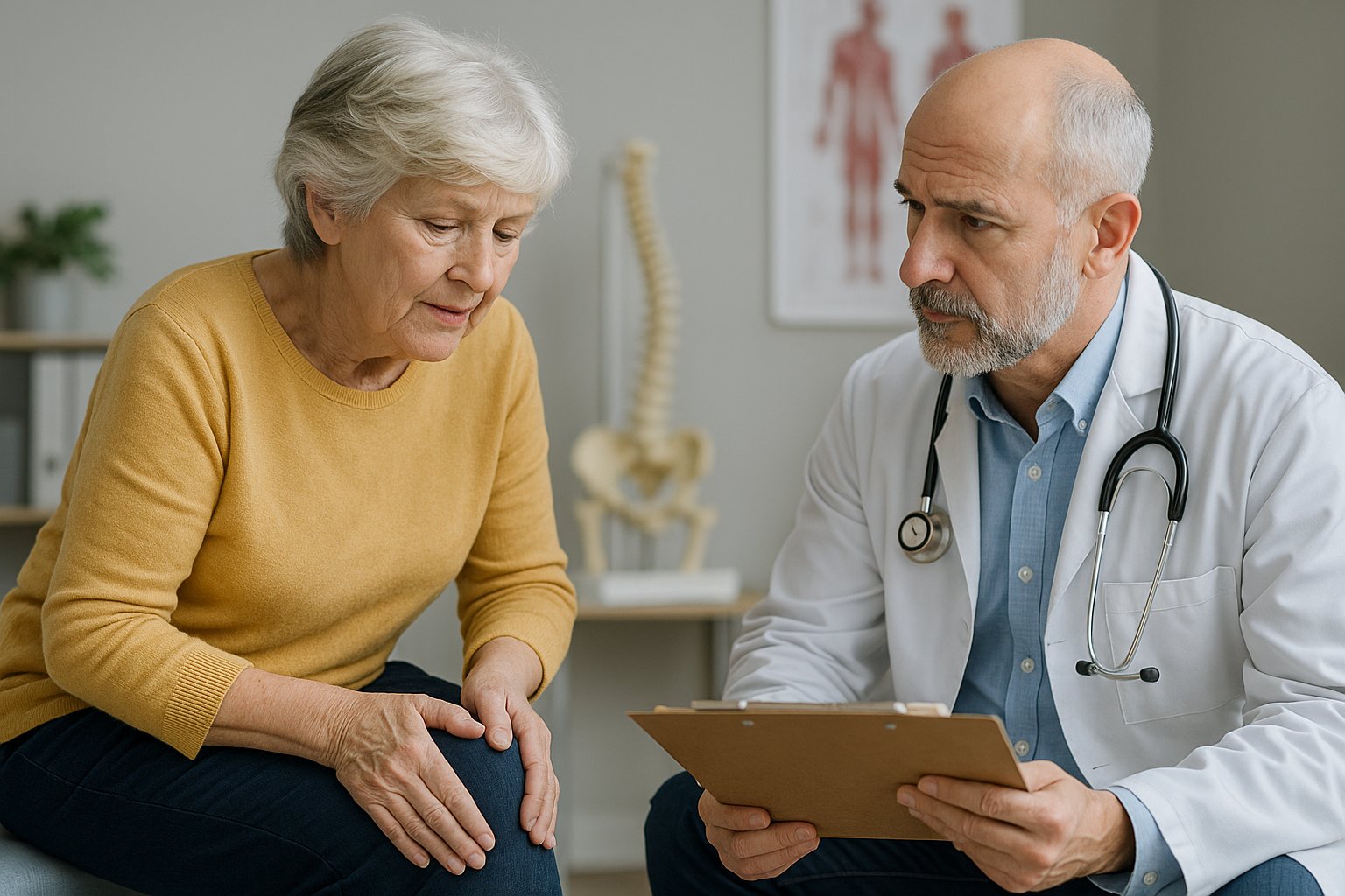 Woman at the doctors checking on knee pain for any lumps on the knee.
