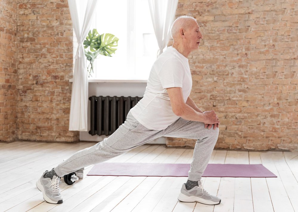 Senior man performing a lunge exercise indoors to strengthen leg muscles and enhance knee joint flexibility.
