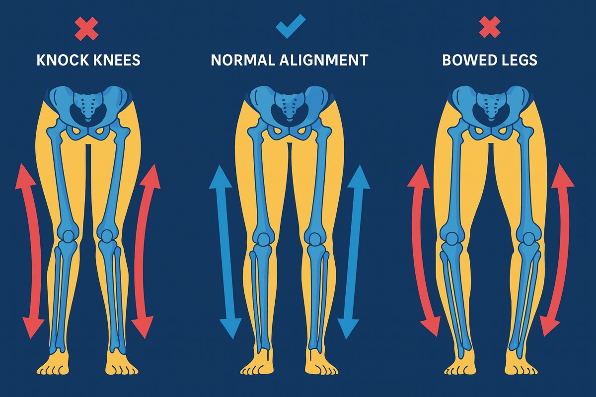 Illustration and diagram comparing knock knees, normal leg alignment, and bowed legs, highlighting differences in bone structure and knee positioning for educational reference.