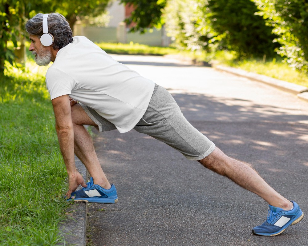 Man holding his knee during seated stretch focusing on joint care and arthritis management.