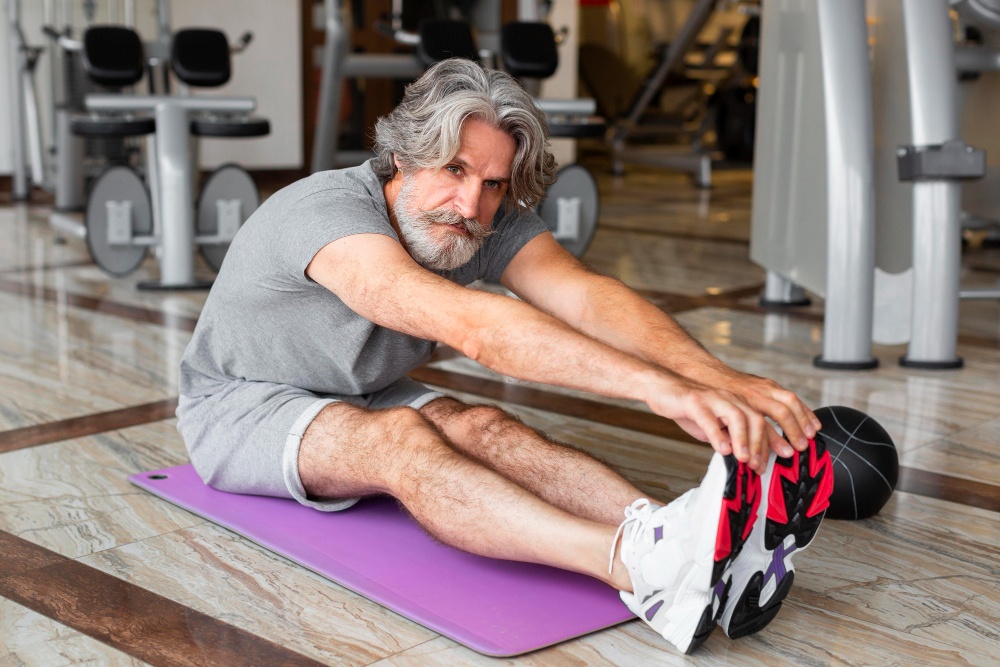 Older man sitting on a mat stretching hamstrings to enhance knee flexion and range of motion.